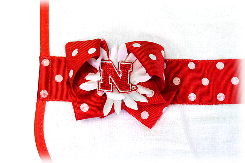 Huskers Polka Dot Flower Bow Baby Bib