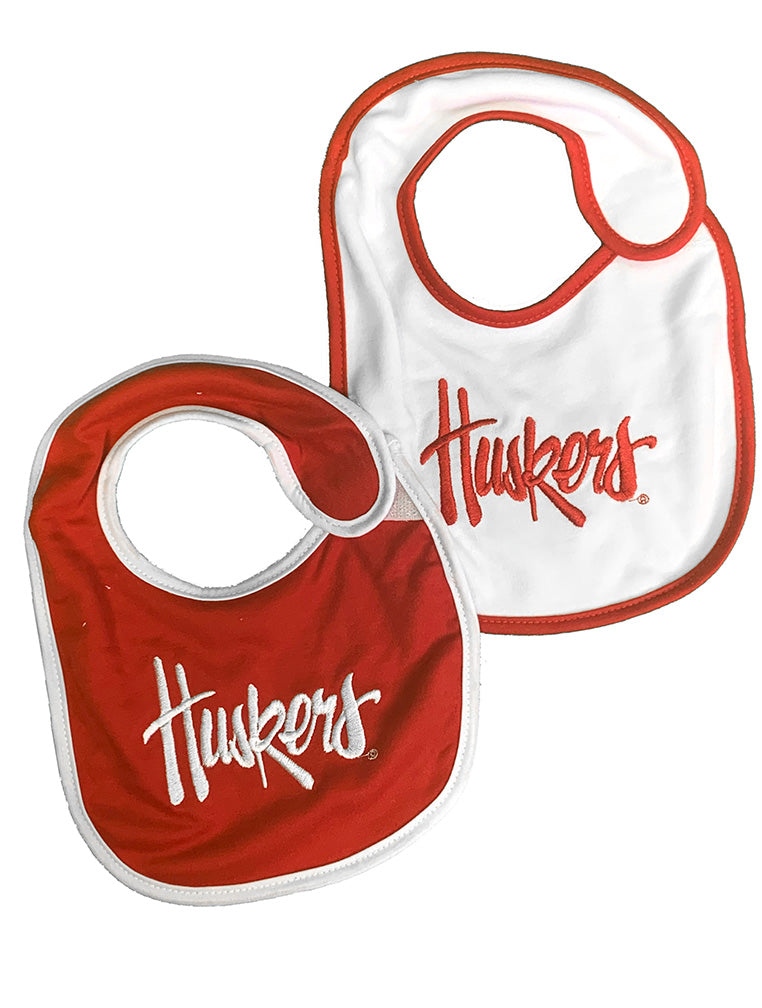 Infant Red N White Huskers Script 2 Pack Bibs