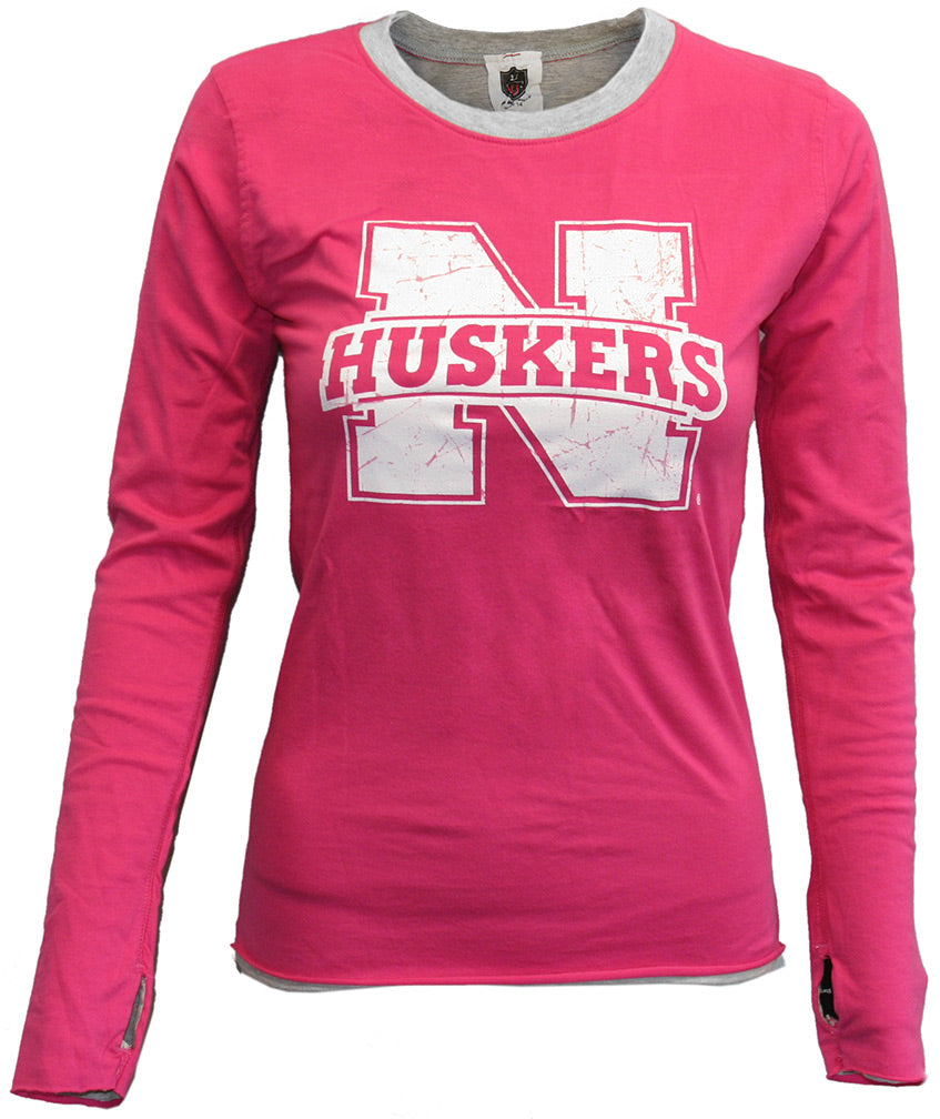 Youth Pink Nebraska N Reversible Long Sleeve Tee