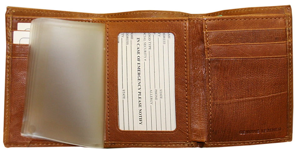 TAN LEATHER TRI-FOLD WALLET W/'N HSKRS'