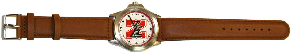 TAN LEATHER MENS WATCH WITH 'N HUSKERS' ON FACE