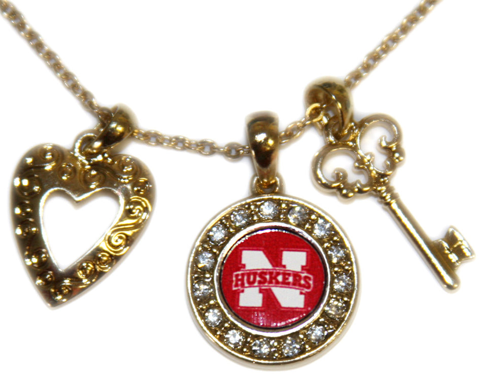 Gold Necklace - 3 charms - Heart, Key & Logo