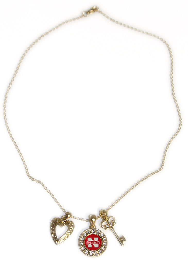 Gold Necklace - 3 charms - Heart, Key & Logo
