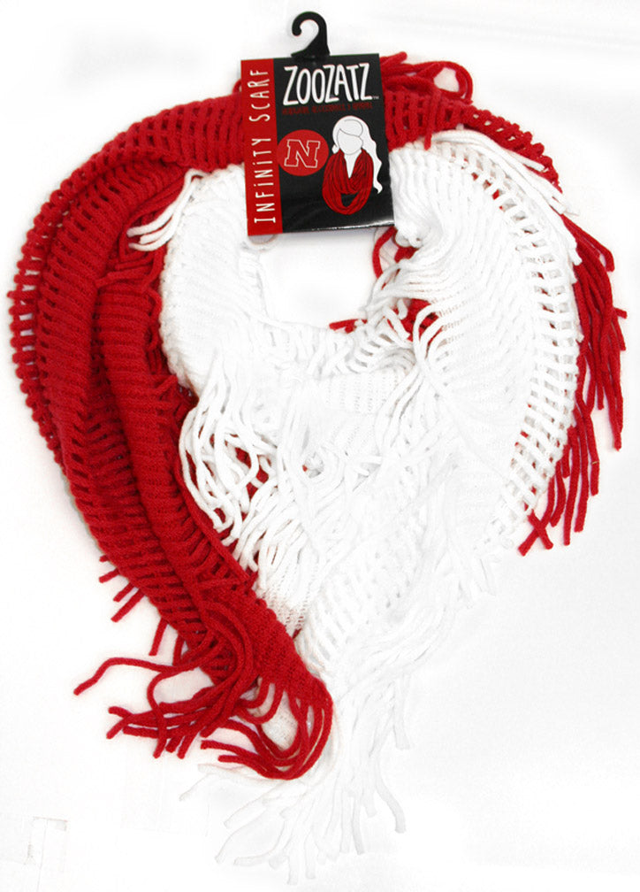 Red White Nebraska Fringe Knit Scarf