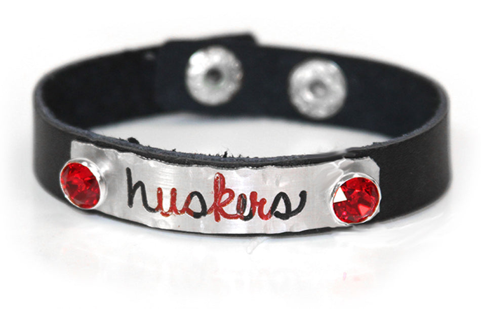 Huskers Black Leather Jeweled Thin Bracelet