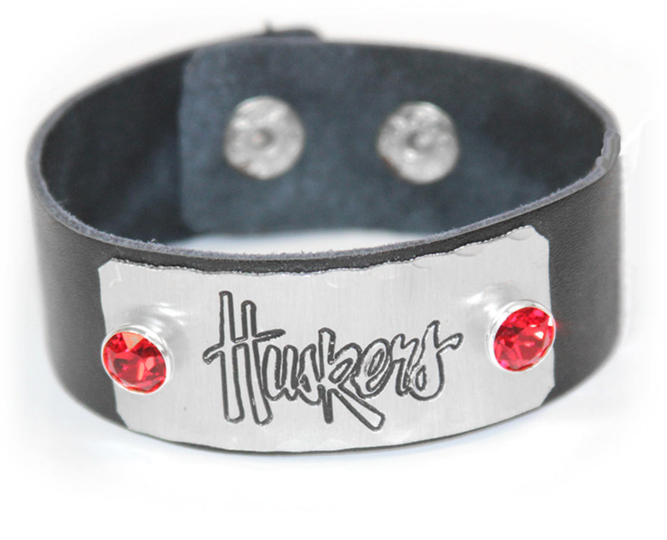 Huskers Black Leather Jeweled Bracelet