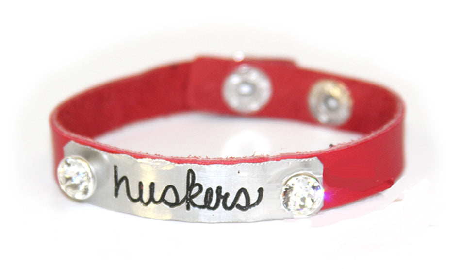 Huskers Red Leather Jeweled Thin Bracelet
