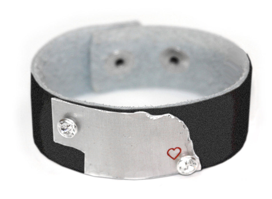 Nebraska State Black Leather Jeweled Bracelet