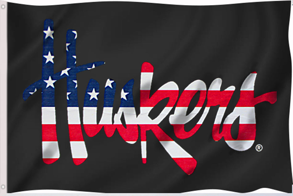 Patriotic Huskers Script Flag