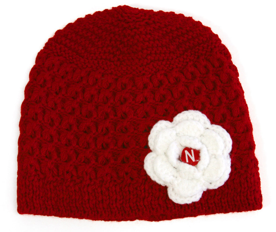 Ladies Red Flower Knit Hat