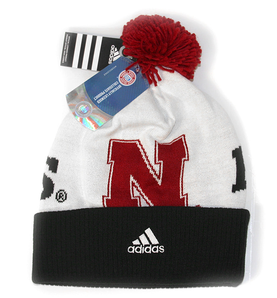 Adidas White with Black Cuff Red Pom Knit