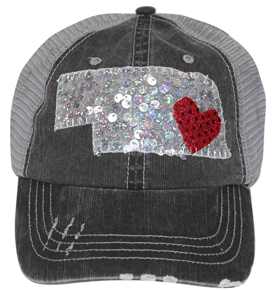 Heart Nebraska Silver Sequin Meshback Cap