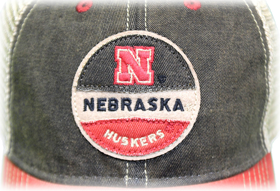 Old Fave Husker Patch Trucker - Smoke N Scarlet