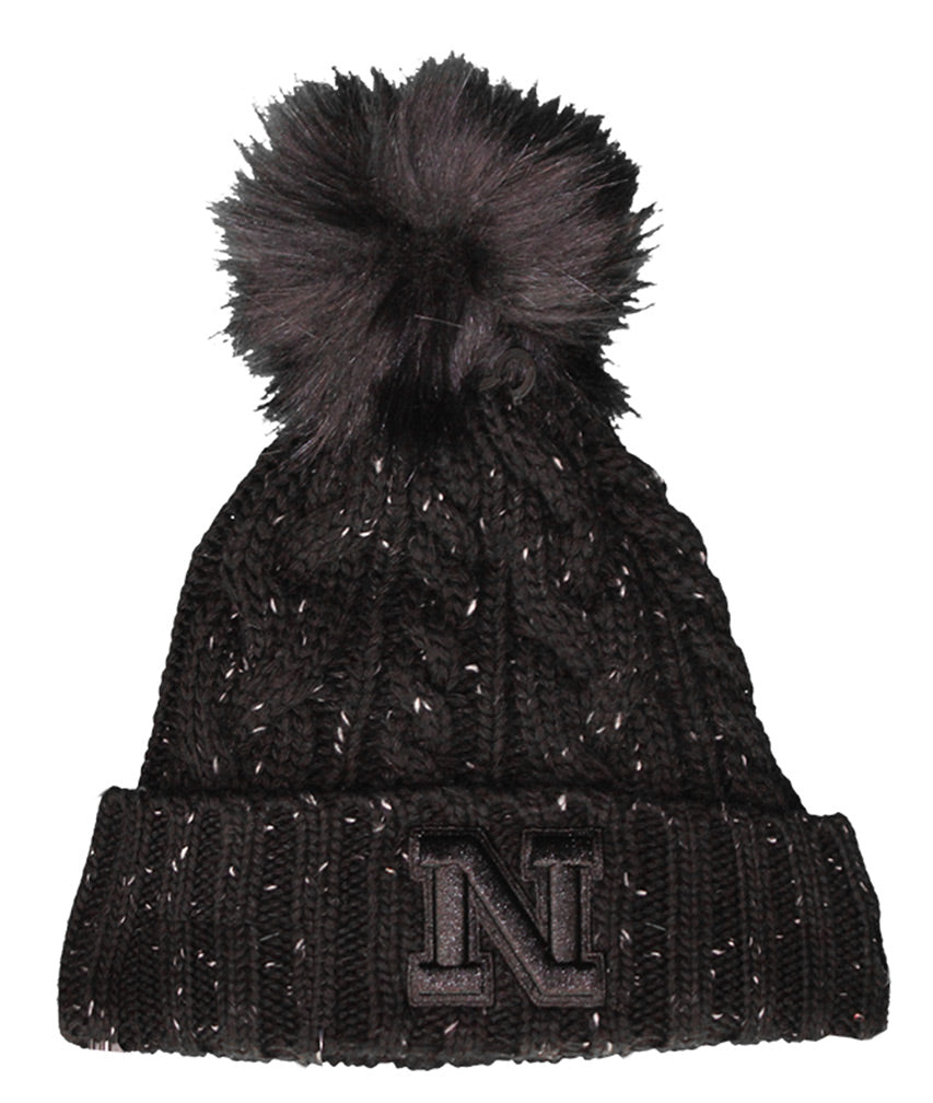 Womens Black Fuzzy Pom Cuffed Knit Hat