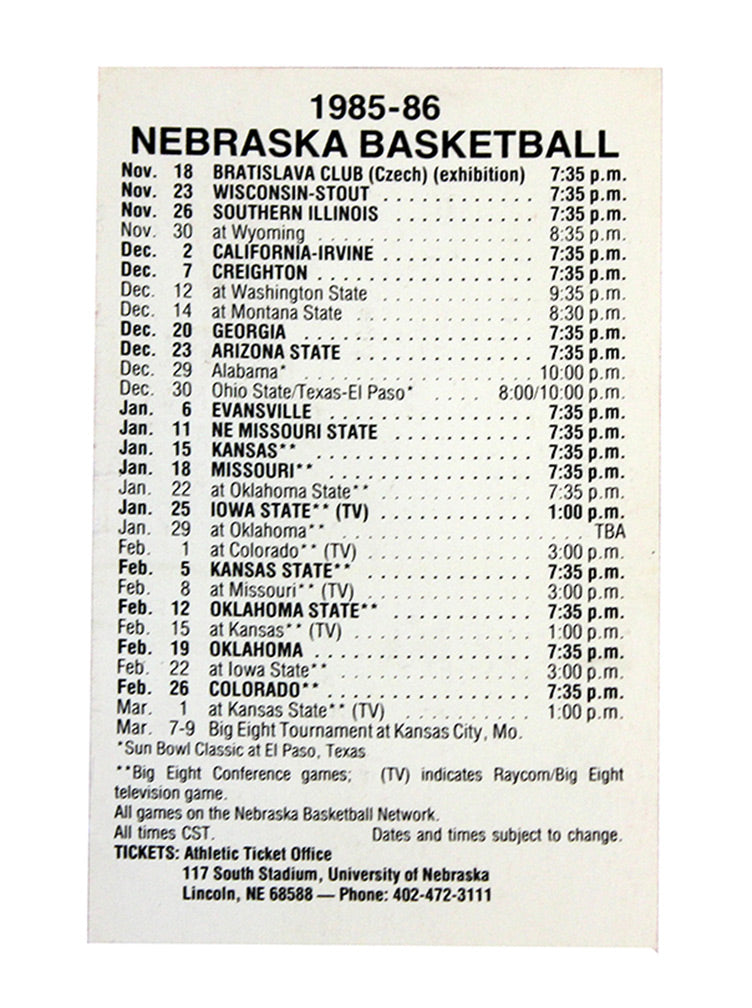 Dave Hoppen Nebraska Basketball 85-86 Schedule Card