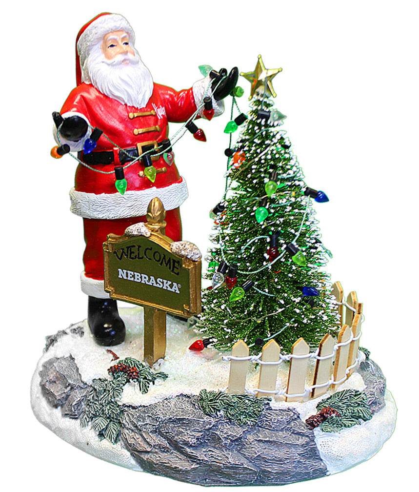 Husker Santa Stringing Lights Figurine