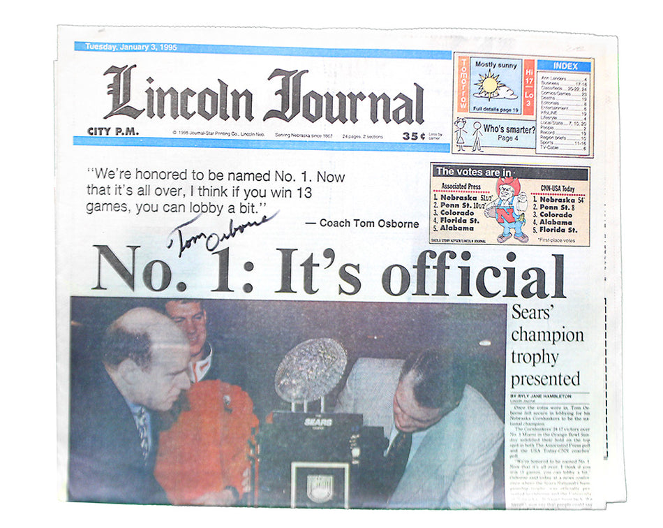 Coach Osborne Autographed Lincoln Journal "It's Official" '94 Champs Edition