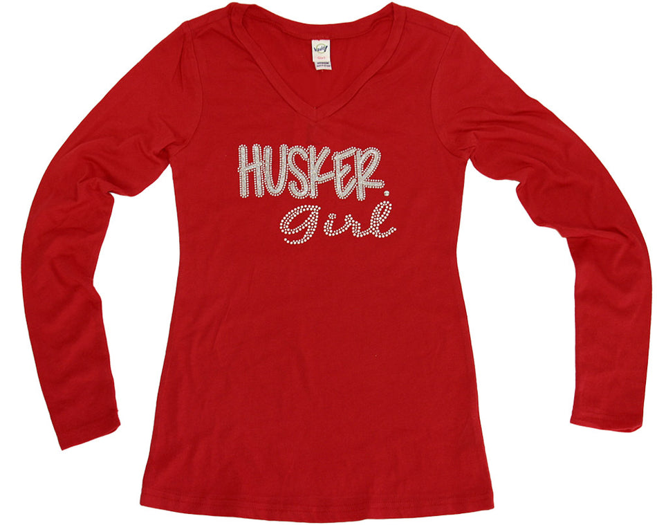 Youth Red Long Sleeve Husker Girl V-Neck Tee