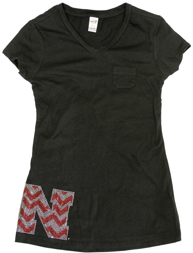 Black V-Neck Pocket Tee with Sparkle Chevron N