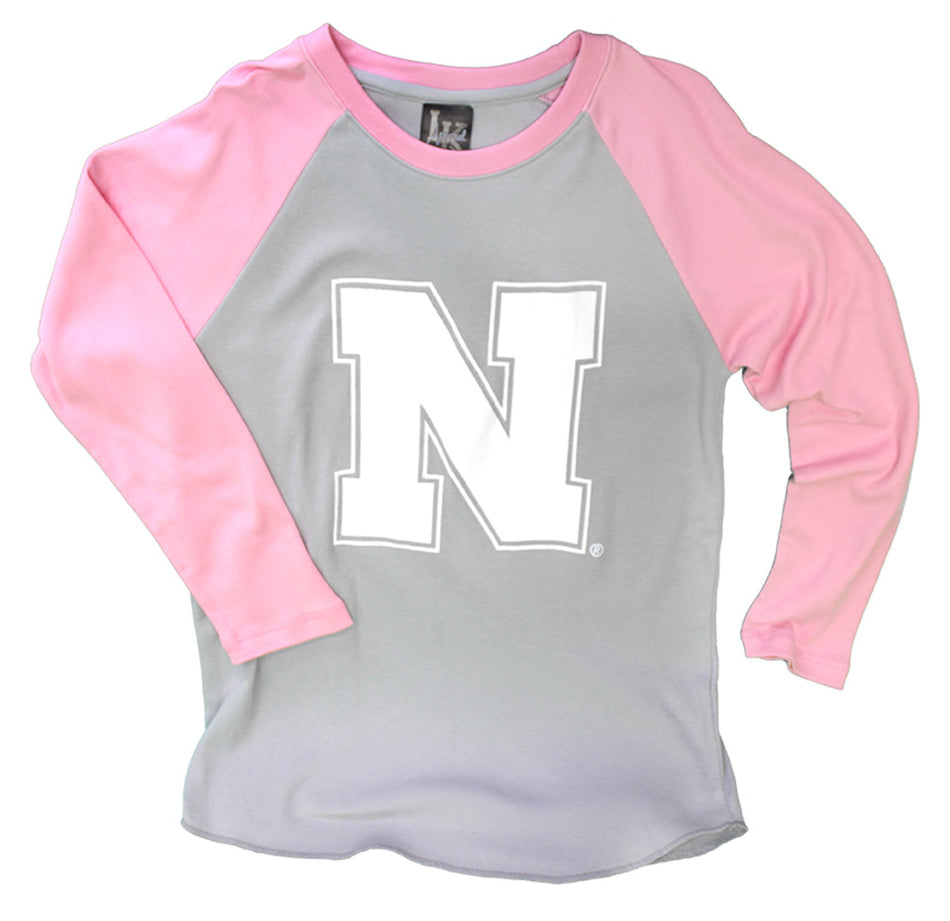 Youth Nebraska N Pink Sleeved Baseball Tee