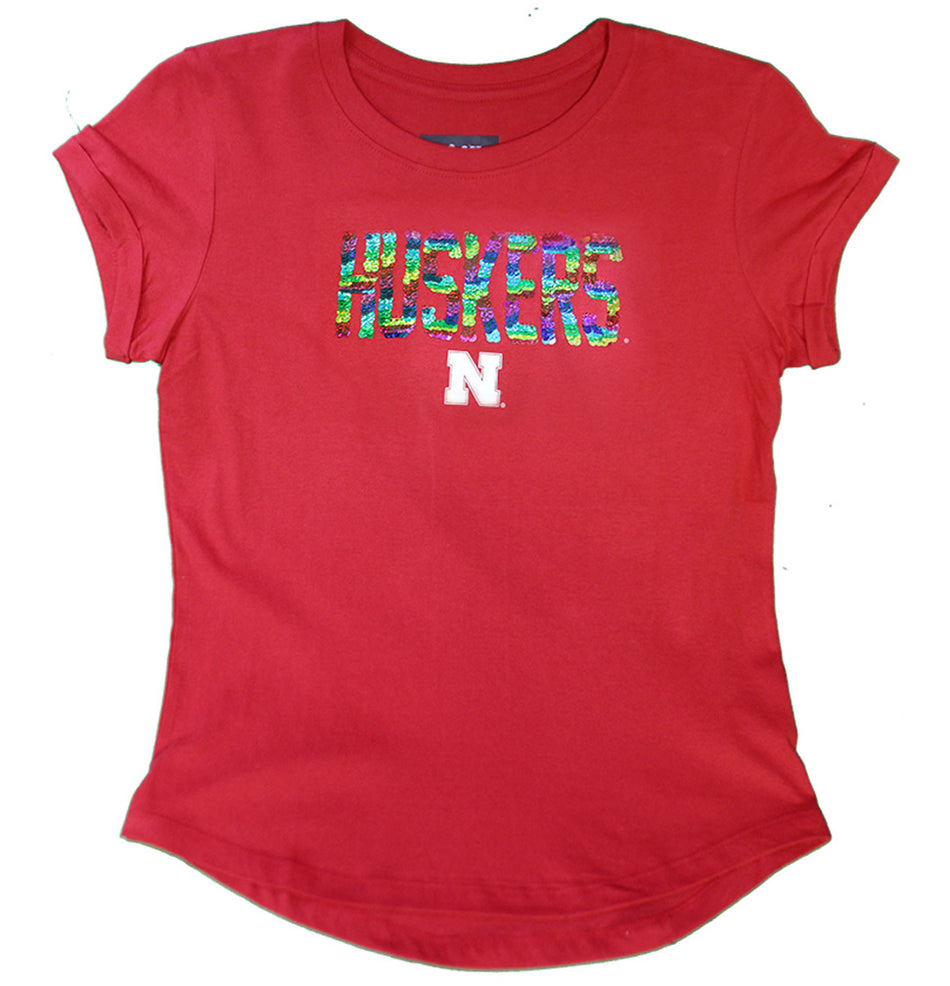 Youth Gals Huskers Rainbow Sequin Tee