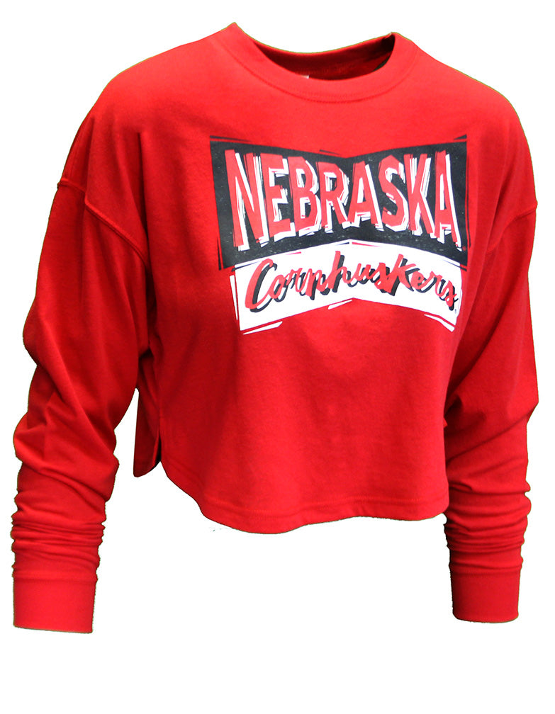 Womens Nebraska Huskers Drop Shoulder Crop LS Tee