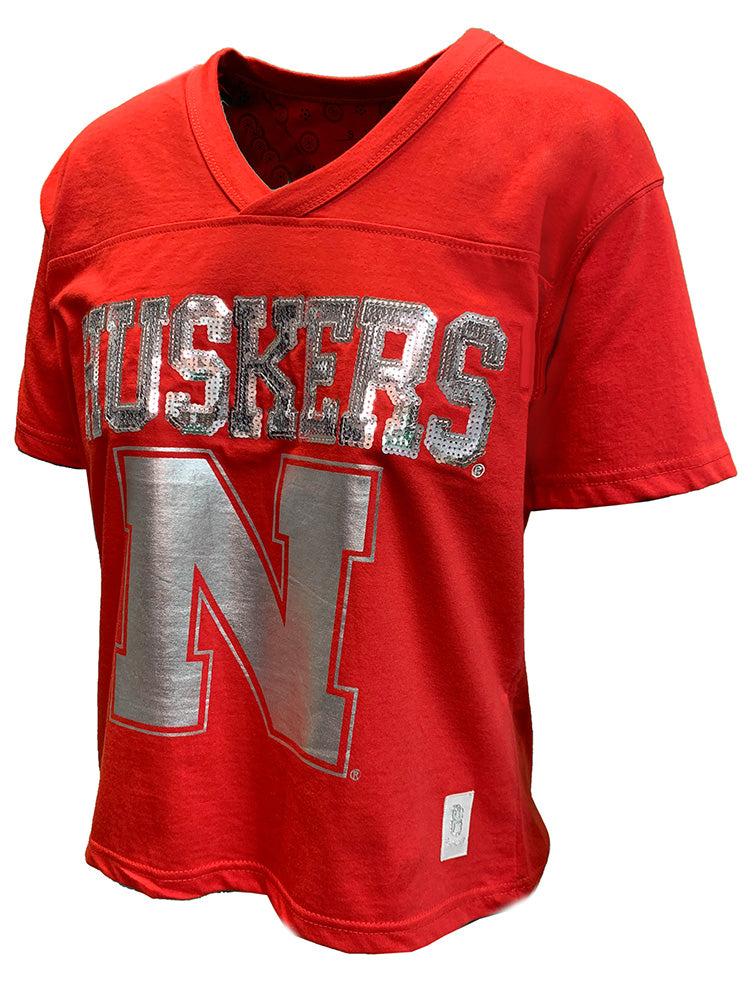 Womens Huskers Sequins VNeck Waist Length Tee