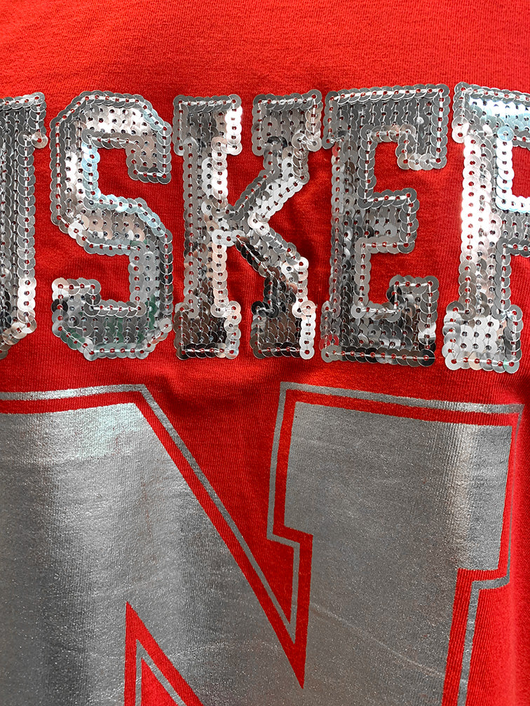 Womens Huskers Sequins VNeck Waist Length Tee