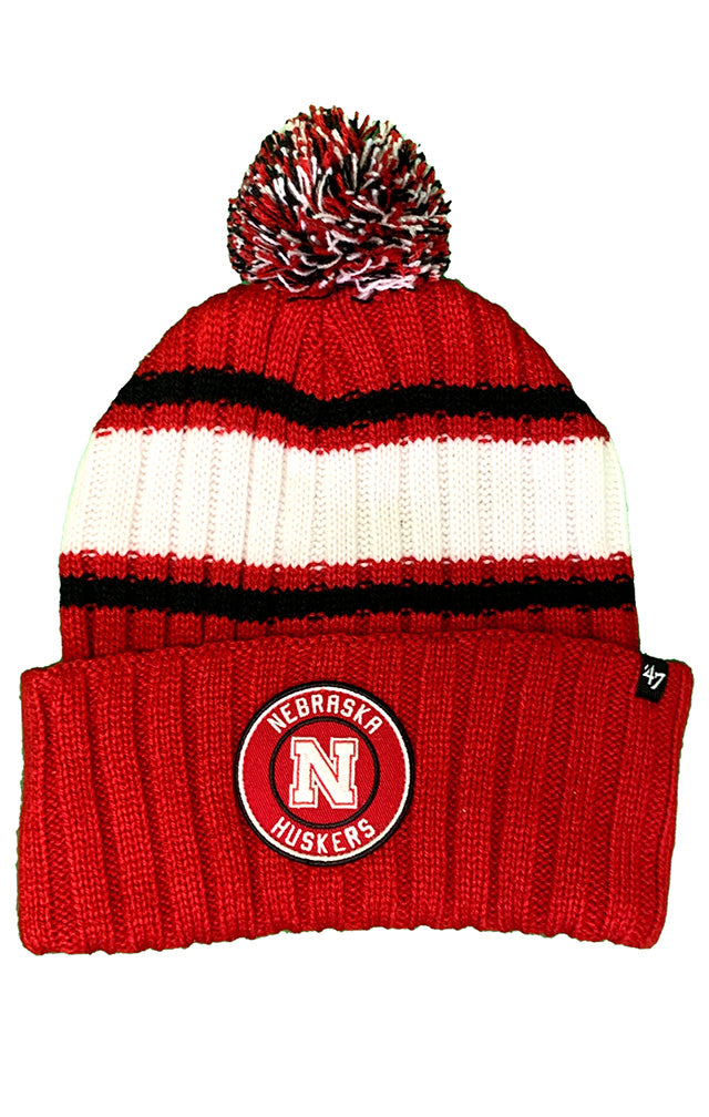 Nebraska Striped Knit Cuff Pom Beanie